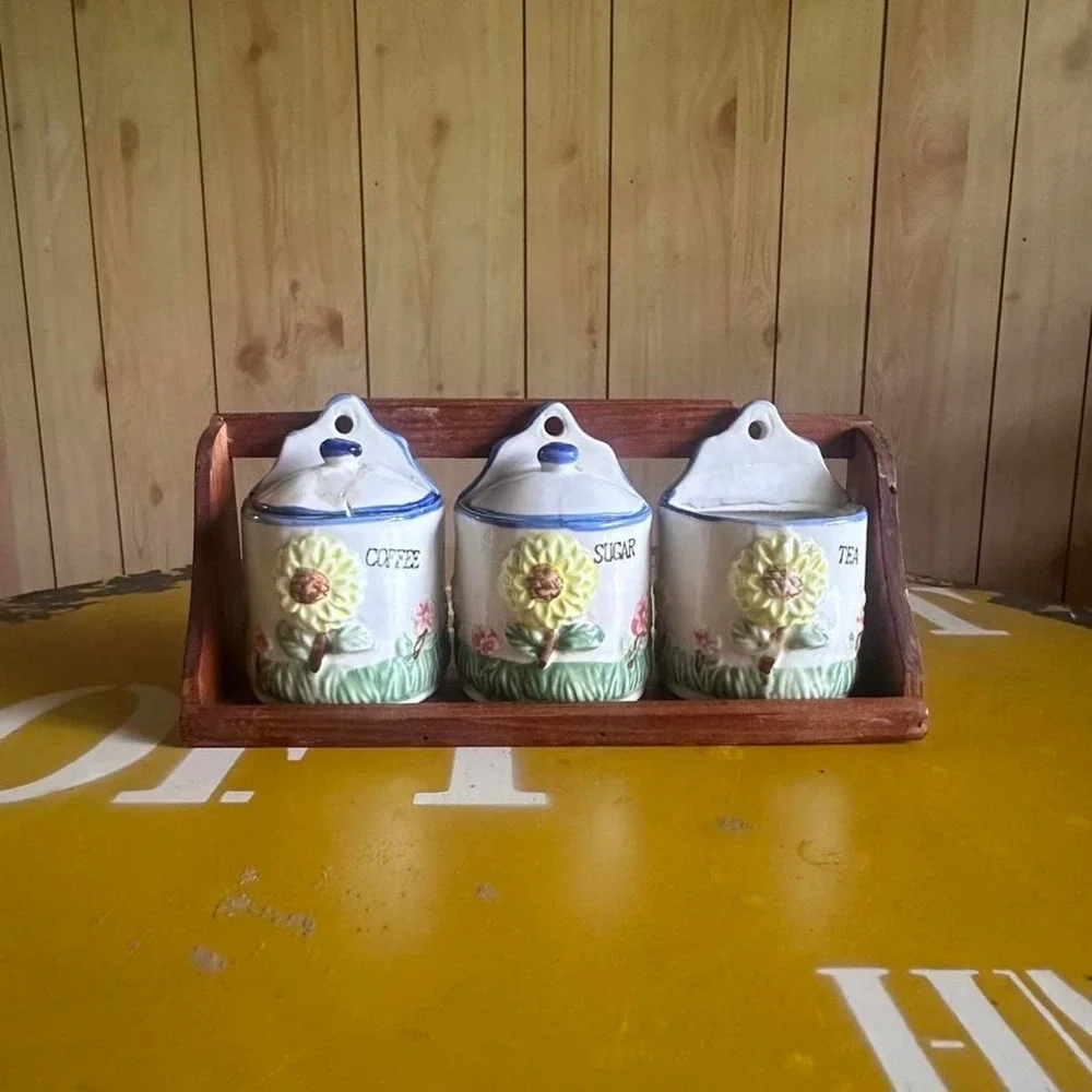 Vintage Ceramic Sunflower‎ Canister Set With Wooden Tray Coffee Tea Sugar